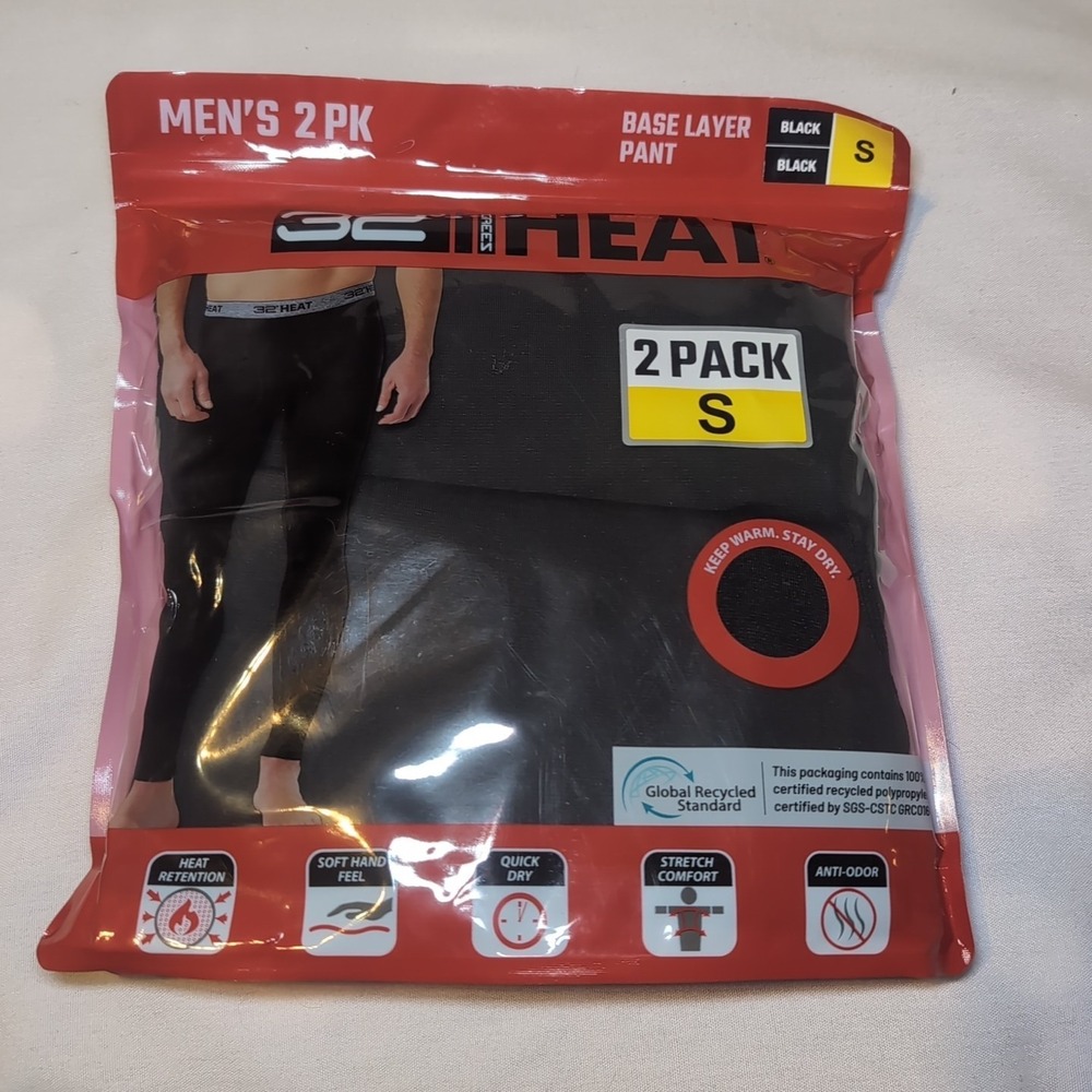 32 DEGREES MEN HEAT BASE LAYER PANT 2-PK STRETCH QUICK DRY ANTI-ODOR SIZE Small